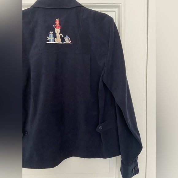 Christopher Banks Cat Snowman Embroidered Holiday Christmas Navy Vintage Blouse - Picture 10 of 14